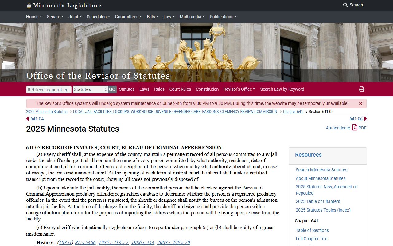 Lake of the Woods County Court Administrator jail register statute context