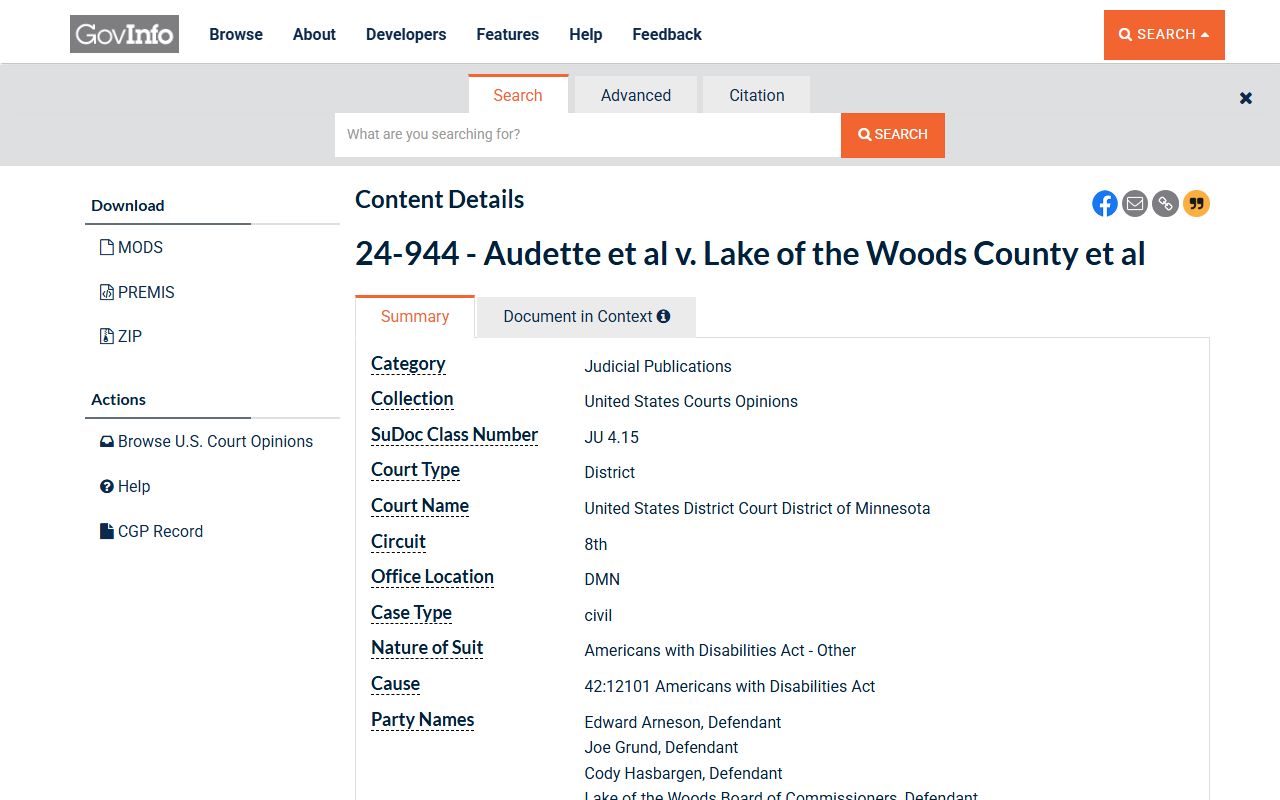 Lake of the Woods County arrest records GovInfo federal docket source