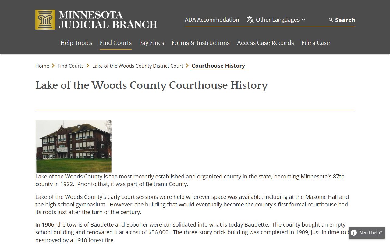Lake of the Woods County court dockets courthouse history source