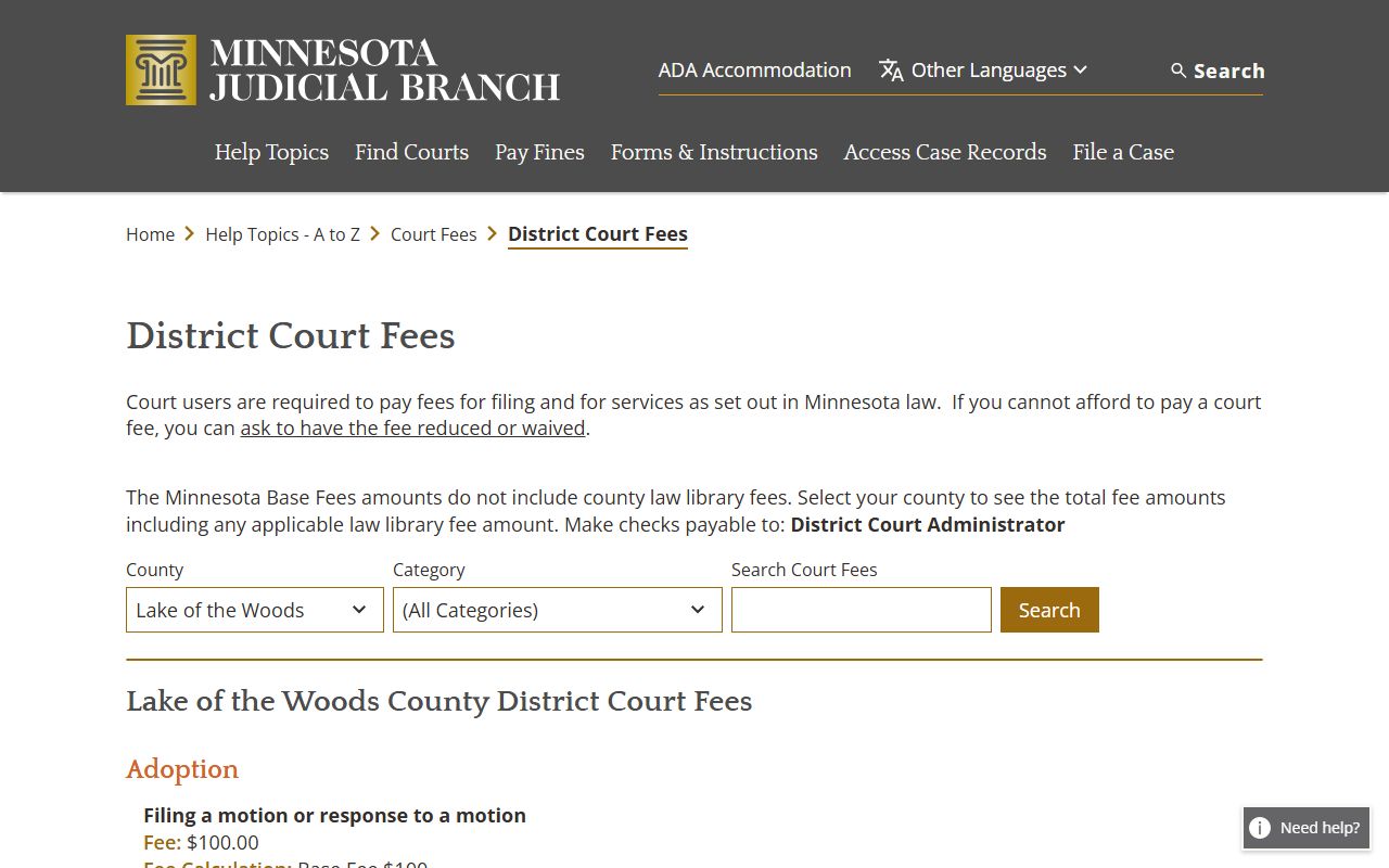 Lake of the Woods County District Court fee and case access page