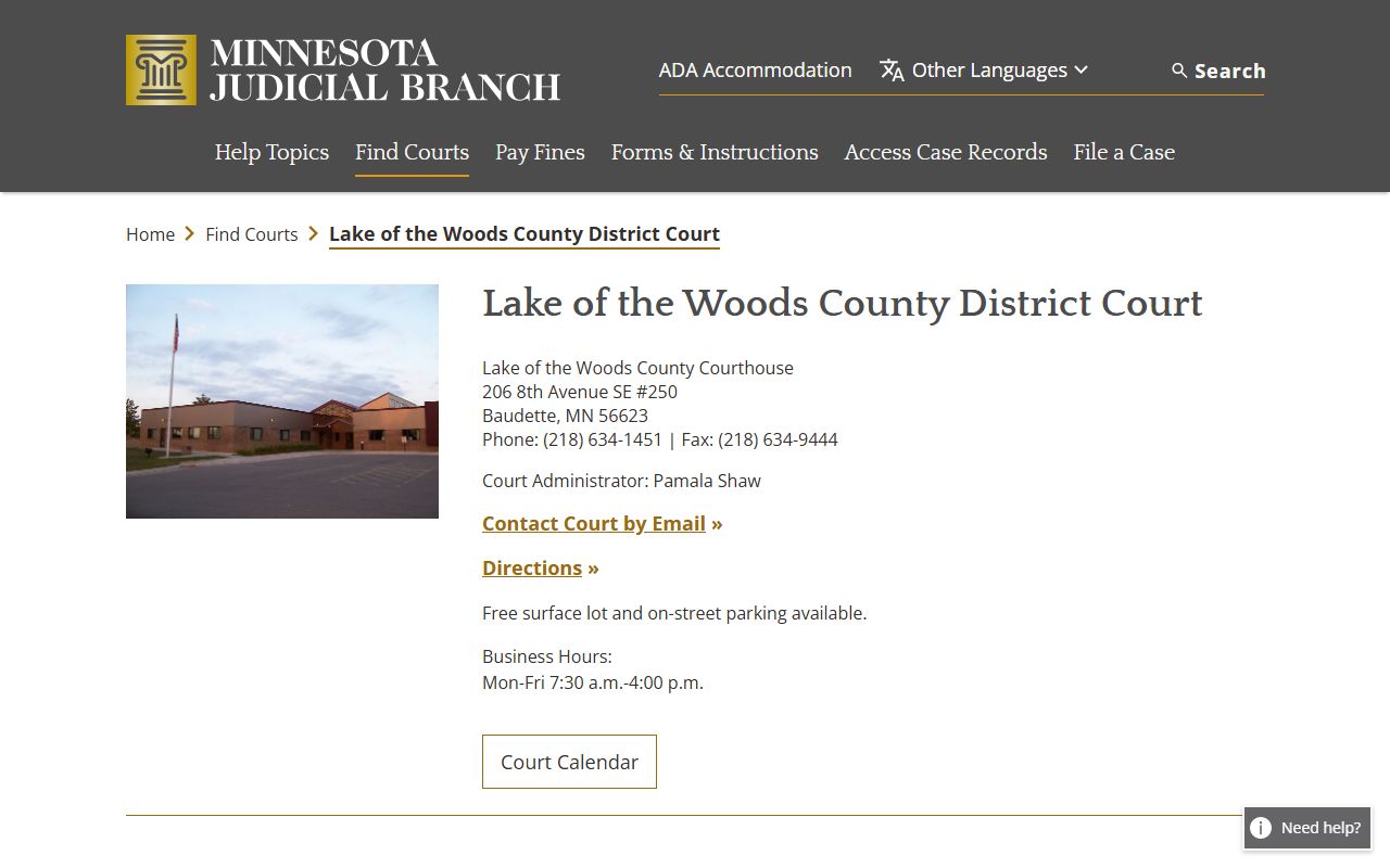 Lake of the Woods County court records District Court page